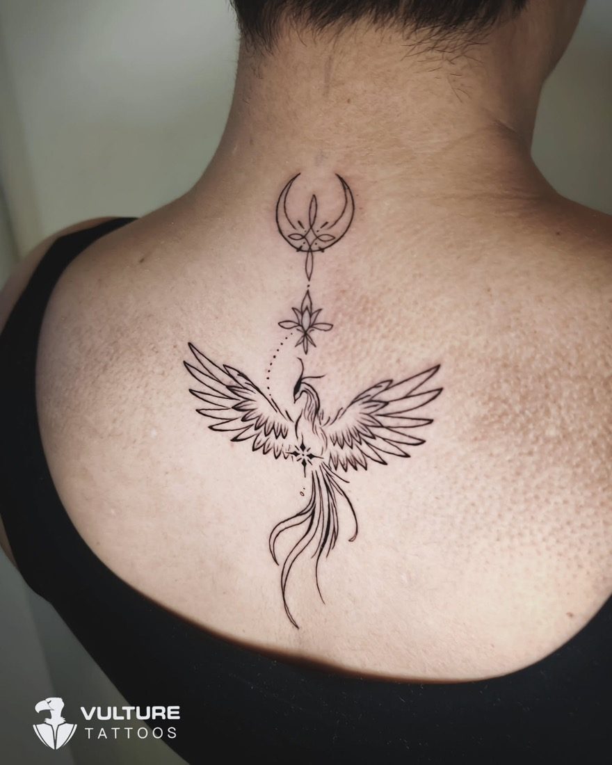 Fine Line Phoenix Spine Piece — tattoo by Vulture Tattoos, Gurugram
