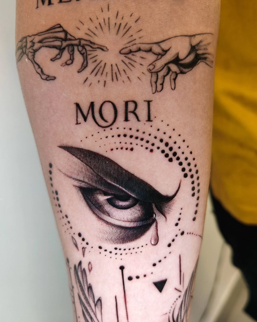 Realistic Eye With Mori Lettering — tattoo by Vulture Tattoos, Gurugram