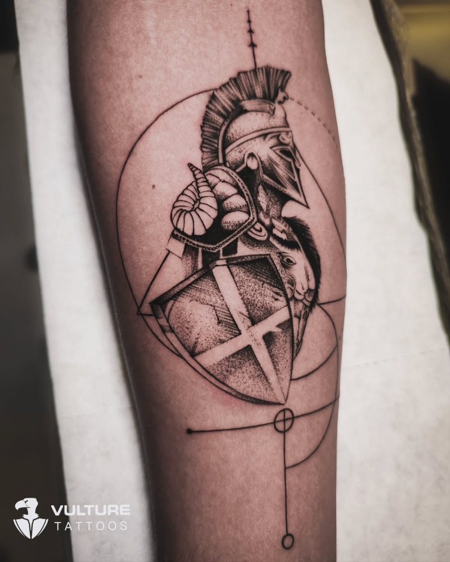Spartan Helmet Dotwork Design — tattoo by Vulture Tattoos, Gurugram