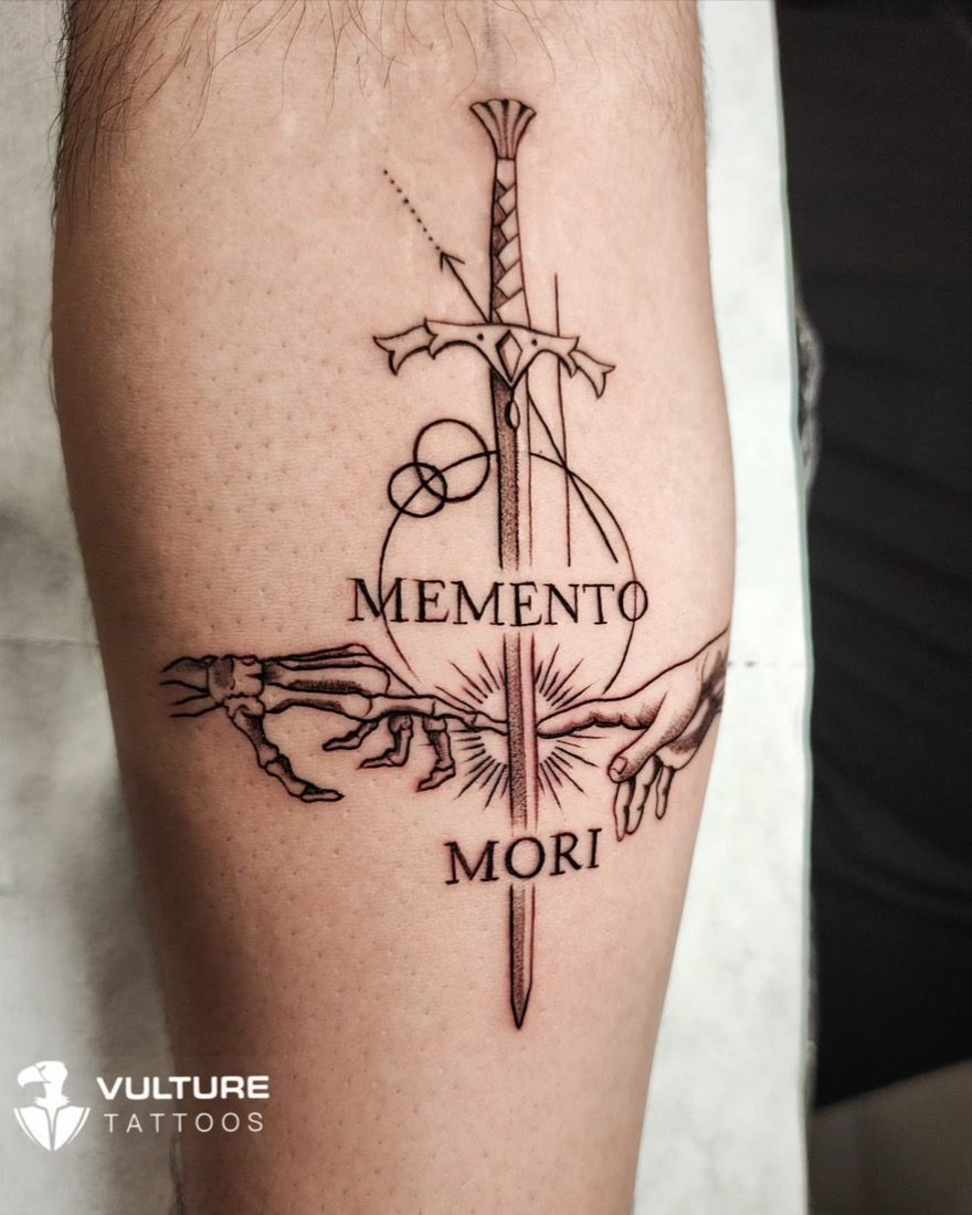 Memento Mori Sword Hands — tattoo by Vulture Tattoos, Gurugram