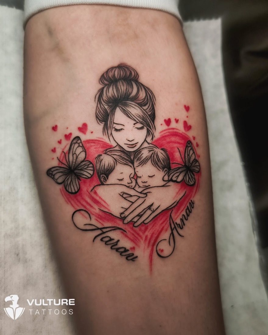 Mother Holding Children Heart — tattoo by Vulture Tattoos, Gurugram