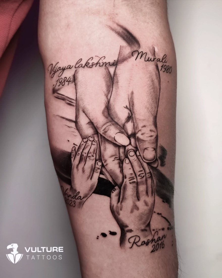 Family Hands With Names — tattoo by Vulture Tattoos, Gurugram