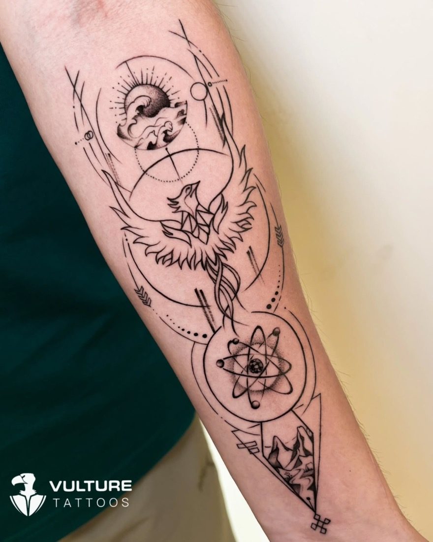 Geometric Phoenix Atom Mountains — tattoo by Vulture Tattoos, Gurugram