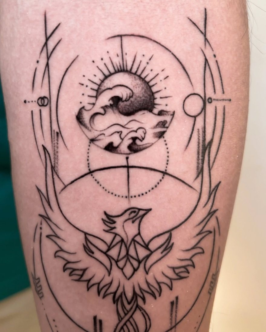 Fineline Phoenix And Sun — tattoo by Vulture Tattoos, Gurugram