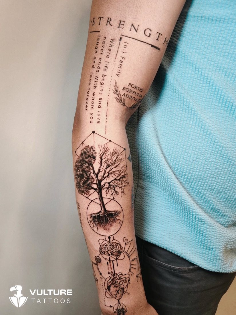 Strength Family Tree Sleeve — tattoo by Vulture Tattoos, Gurugram