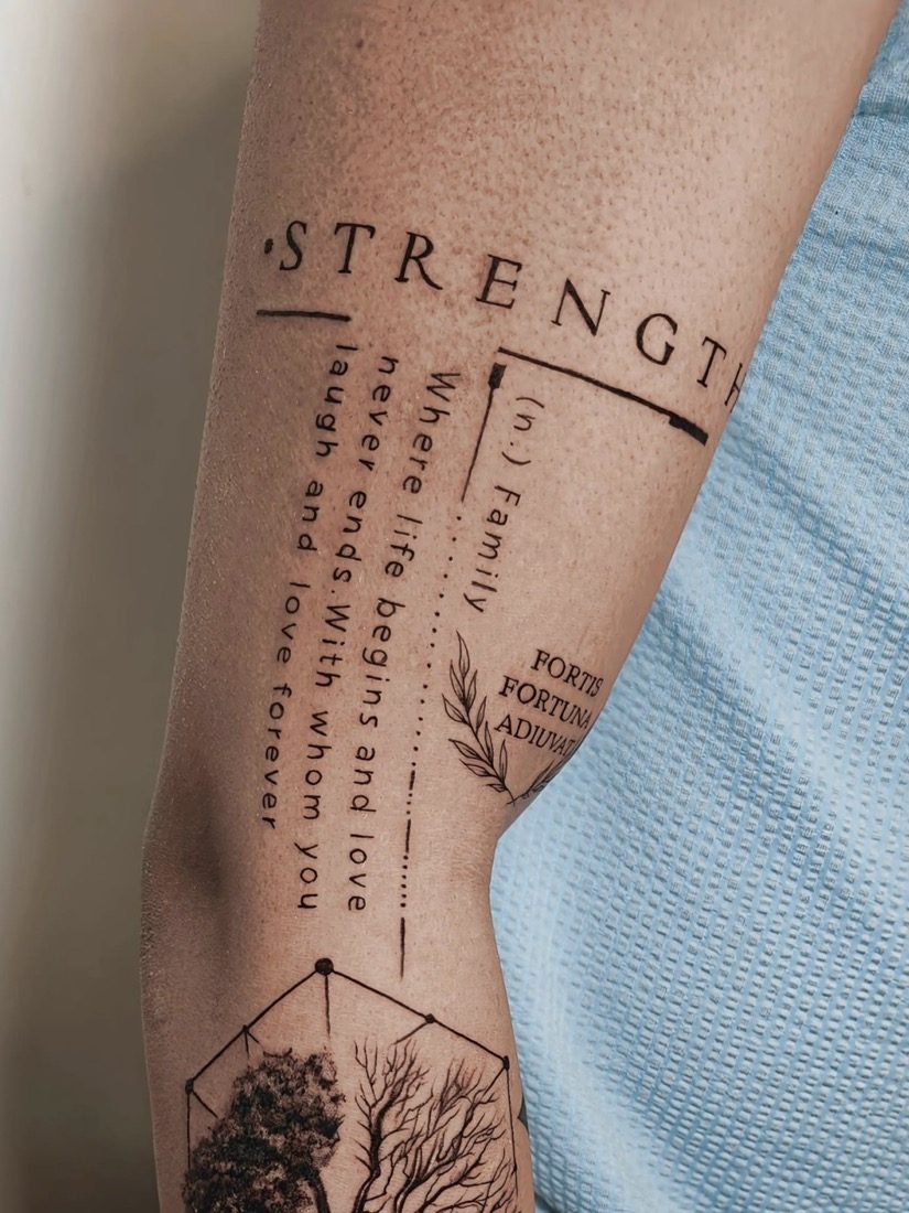Strength Family Lettering Detail — tattoo by Vulture Tattoos, Gurugram