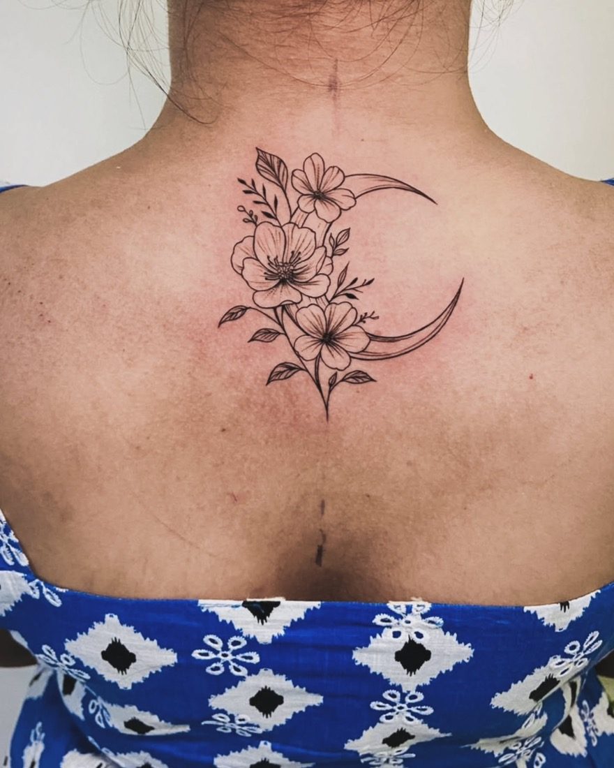 Fine Line Moon Blossoms — tattoo by Vulture Tattoos, Gurugram