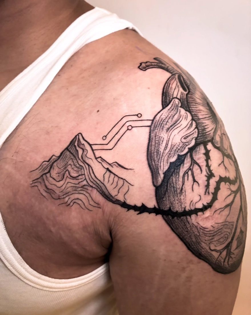 Heart Peaks Circuit Lines — tattoo by Vulture Tattoos, Gurugram