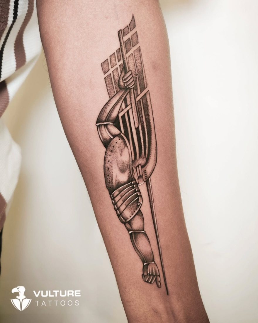 Surreal Trident Figure Forearm — tattoo by Vulture Tattoos, Gurugram