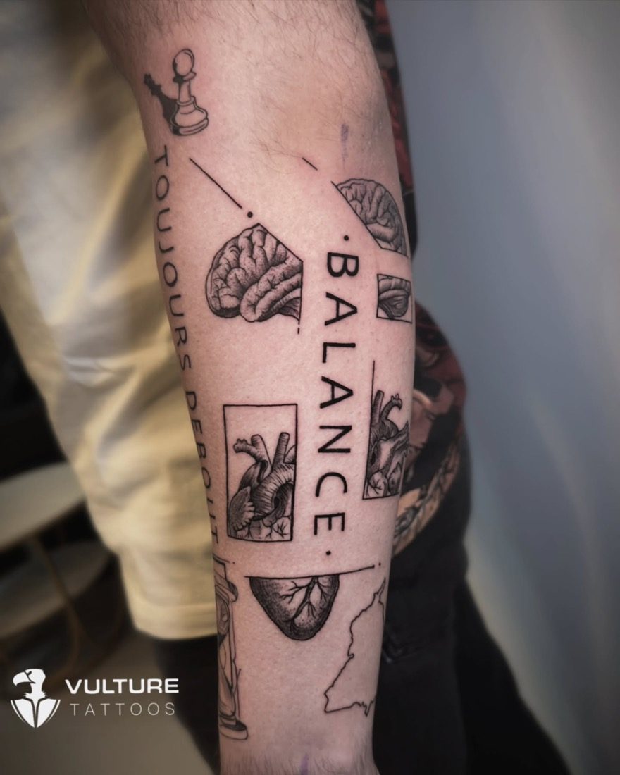 Balance Anatomy Lettering Forearm — tattoo by Vulture Tattoos, Gurugram