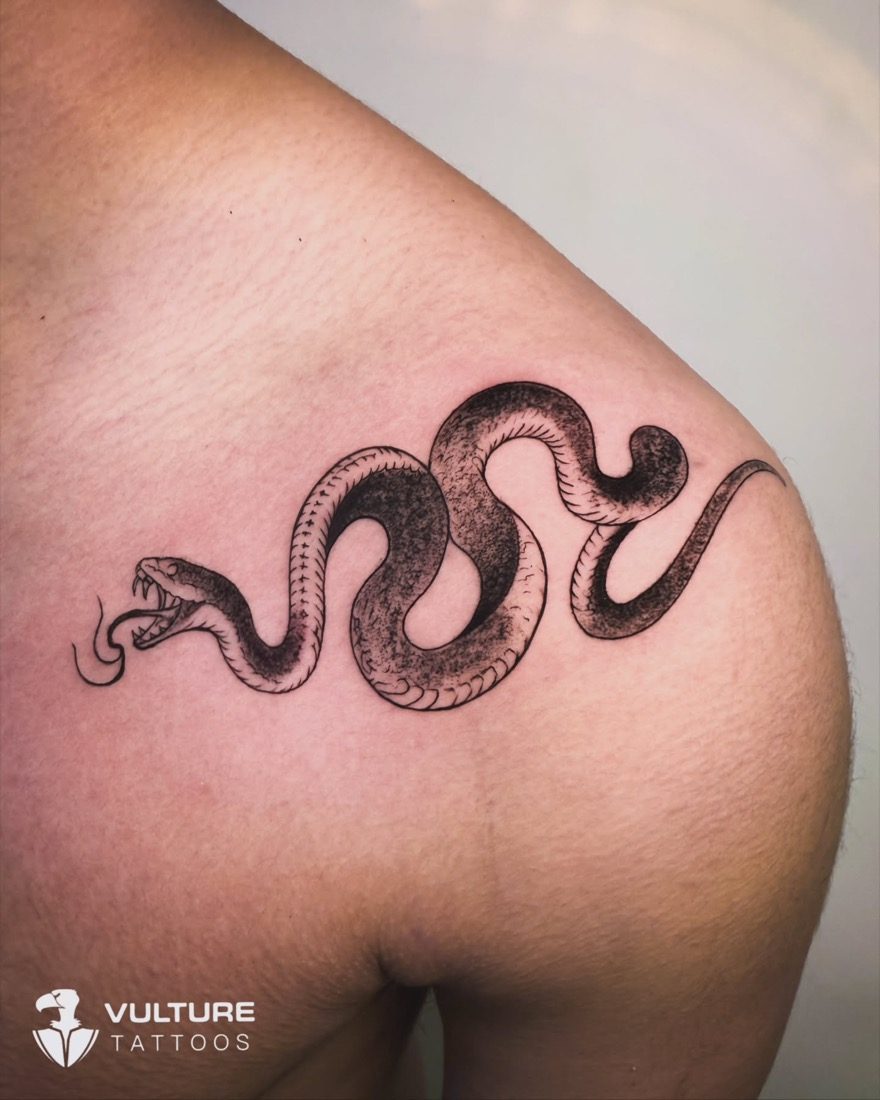 Coiled Serpent On Shoulder — tattoo by Vulture Tattoos, Gurugram