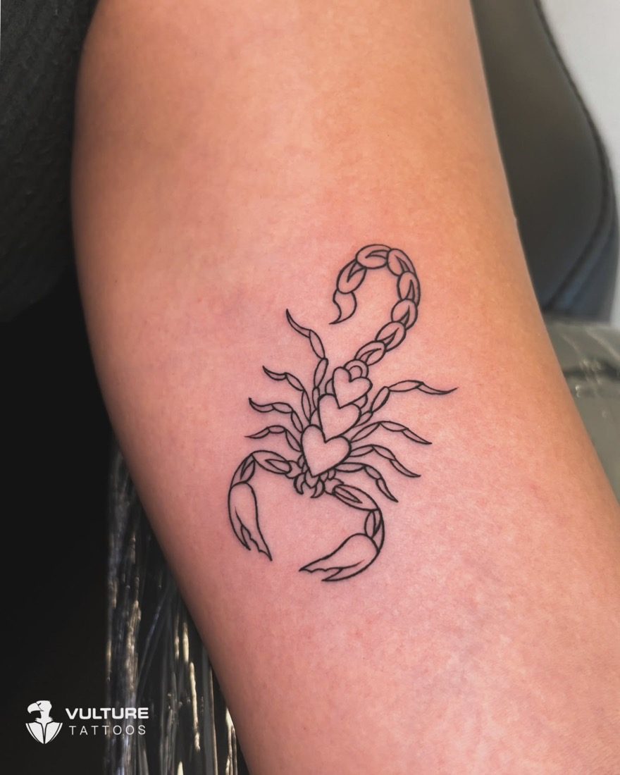 Scorpion With Hearts — tattoo by Vulture Tattoos, Gurugram