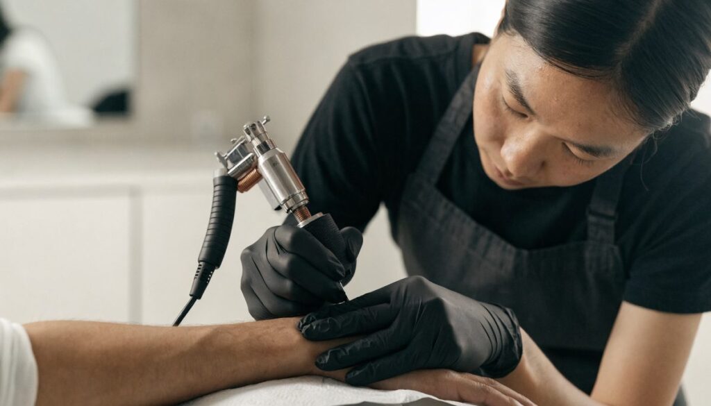 Getting a tattoo at Vulture Tattoos, Gurgaon — an artist tattooing a forearm