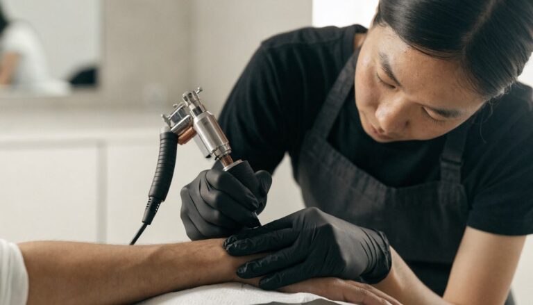 Getting a tattoo at Vulture Tattoos, Gurgaon — an artist tattooing a forearm