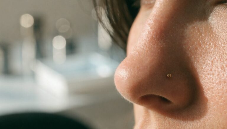 Nose piercing in Gurgaon — delicate gold nostril stud at Vulture Tattoos, Sector 47