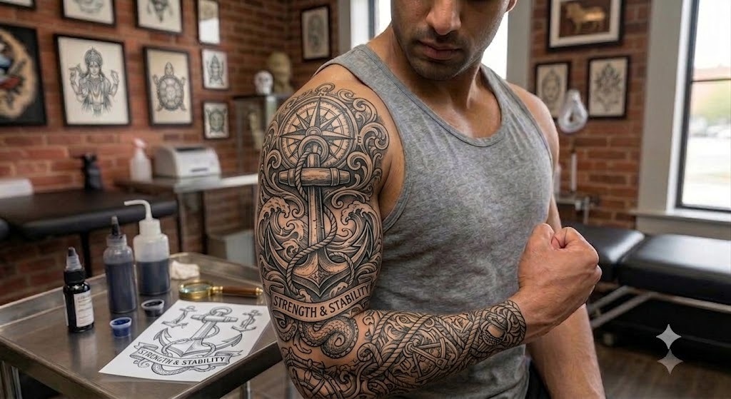 Traditional anchor tattoo with rope in black and grey on forearm, Vulture Tattoos Gurgaon