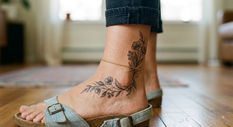 Fine-line ankle tattoo above the ankle bone, Vulture Tattoos Gurgaon