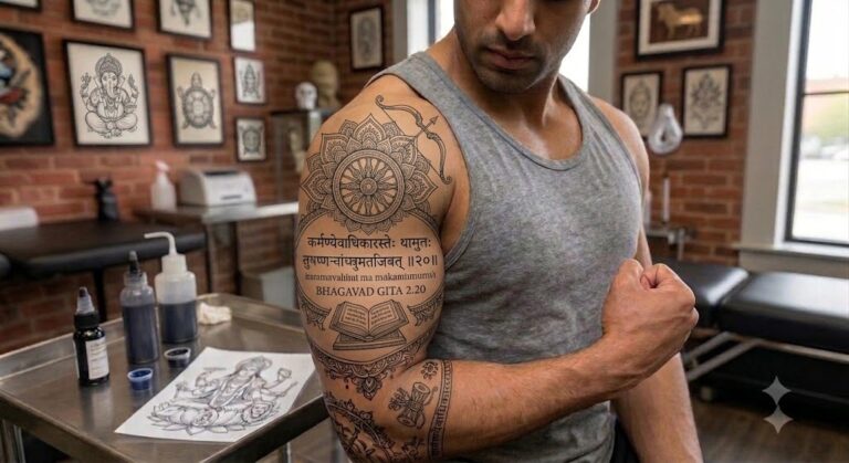 Bhagavad Gita shloka tattoo in Devanagari on forearm, Vulture Tattoos Gurgaon
