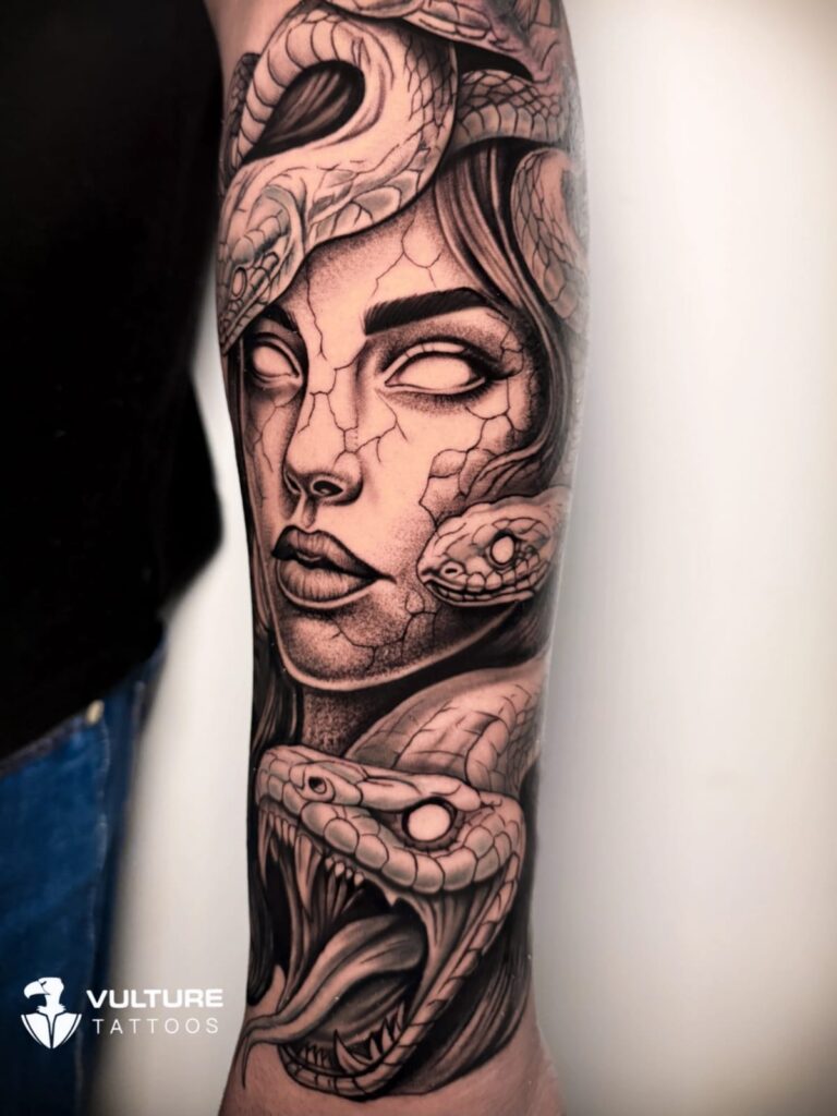 Black and grey realism tattoo with greywash shading on forearm, Gurgaon
