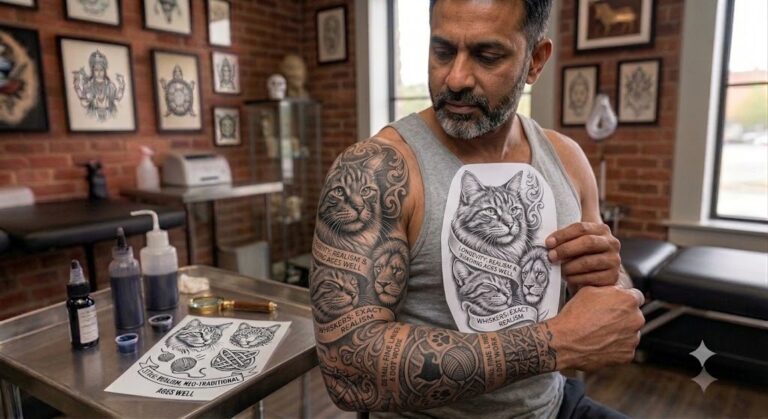 Black cat silhouette tattoo with fine-line detail on forearm, Vulture Tattoos Gurgaon