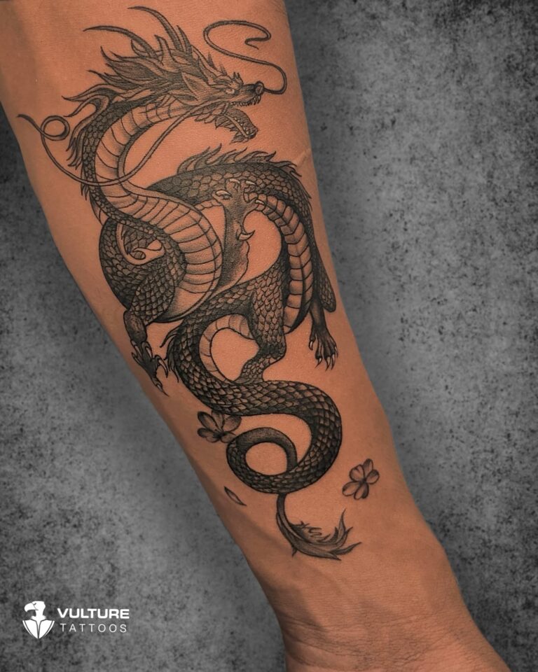 Japanese dragon tattoo in black and grey wrapping the forearm, Gurgaon
