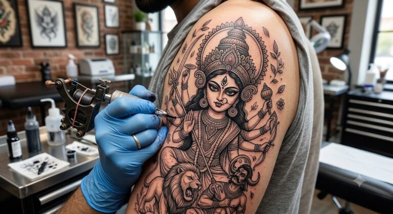 Durga tattoo with tiger in black and grey on forearm, Vulture Tattoos Gurgaon