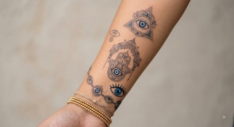 Evil eye nazar tattoo on inner forearm, Vulture Tattoos Gurgaon