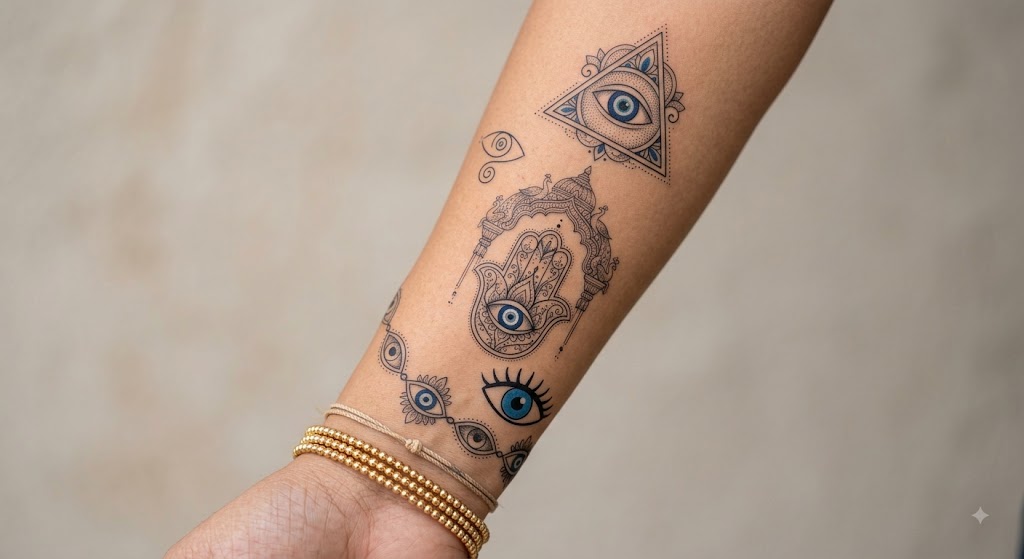 Evil eye nazar tattoo on inner forearm, Vulture Tattoos Gurgaon