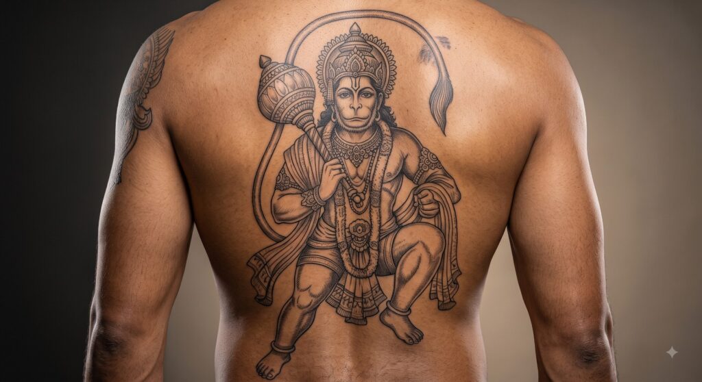Hanuman face tattoo in black and grey on forearm, Vulture Tattoos Gurgaon