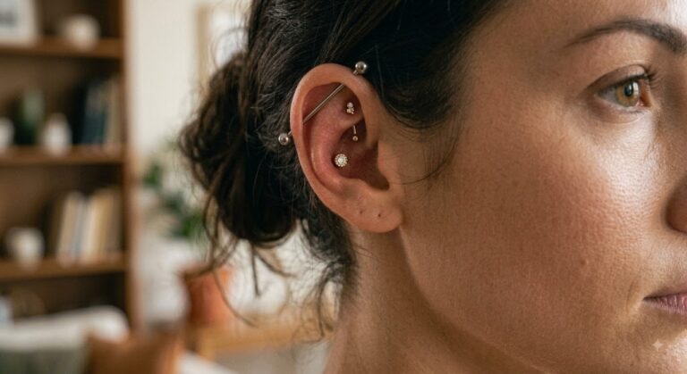 Industrial piercing with a straight barbell through the upper ear, Vulture Tattoos Gurgaon