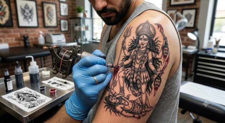Kali tattoo in black and grey with skull garland on forearm, Vulture Tattoos Gurgaon