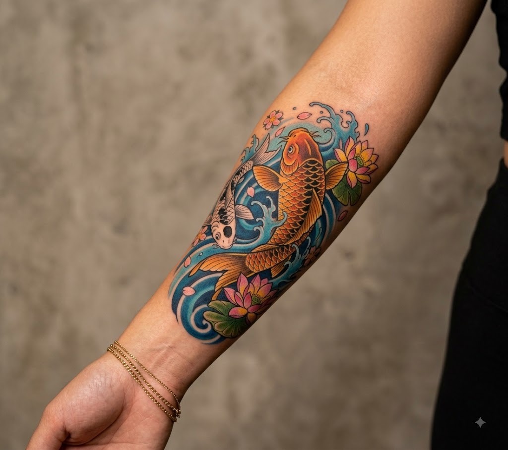 Koi fish tattoo with water and lotus on forearm, Vulture Tattoos Gurgaon