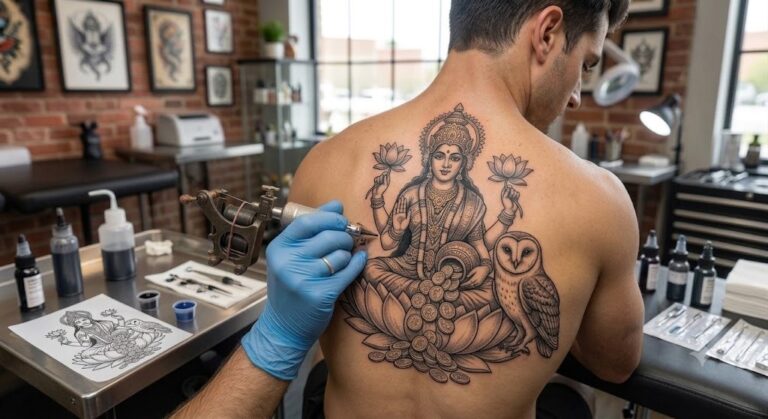 Lakshmi tattoo seated on lotus in black and grey on forearm, Vulture Tattoos Gurgaon