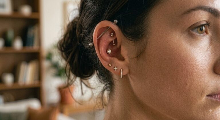 Multiple lobe piercings with gold studs, Vulture Tattoos Gurgaon