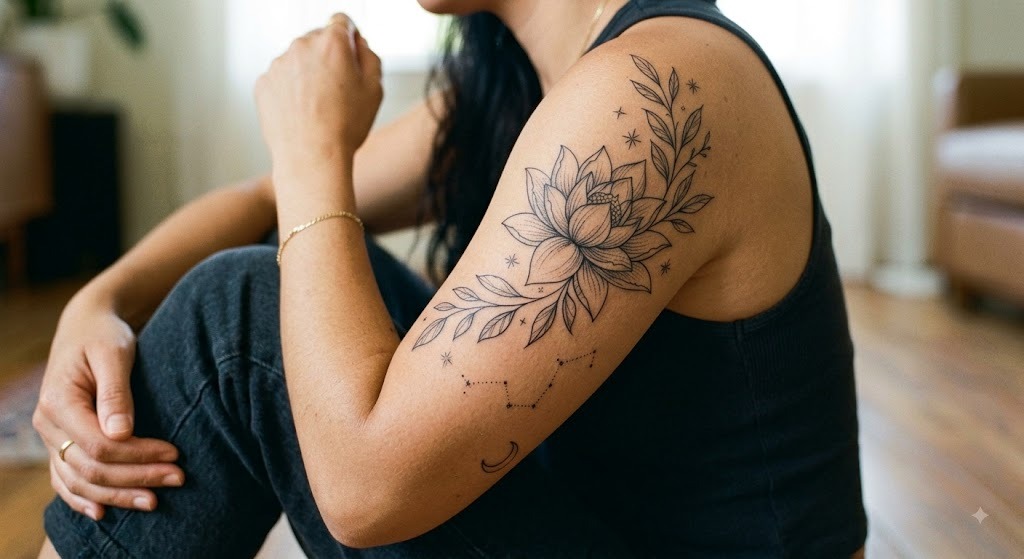 Ornamental lotus tattoo in black and grey on forearm, Vulture Tattoos Gurgaon