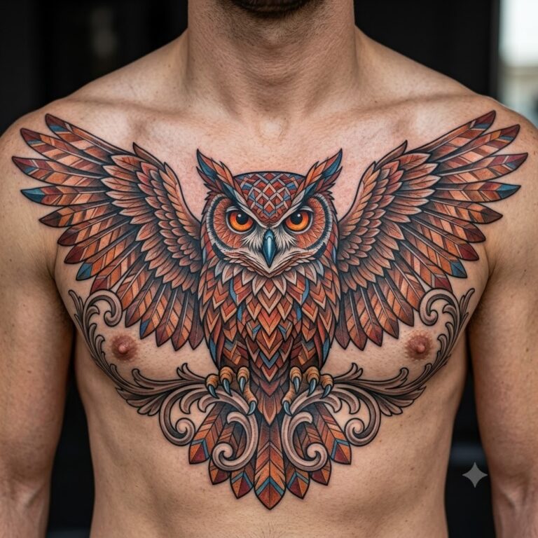 Geometric owl tattoo in black and grey on forearm, Vulture Tattoos Gurgaon