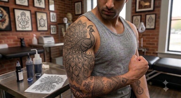 Colour peacock tattoo with spread feathers on upper arm, Vulture Tattoos Gurgaon