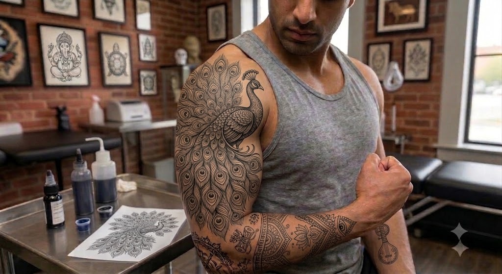 Colour peacock tattoo with spread feathers on upper arm, Vulture Tattoos Gurgaon