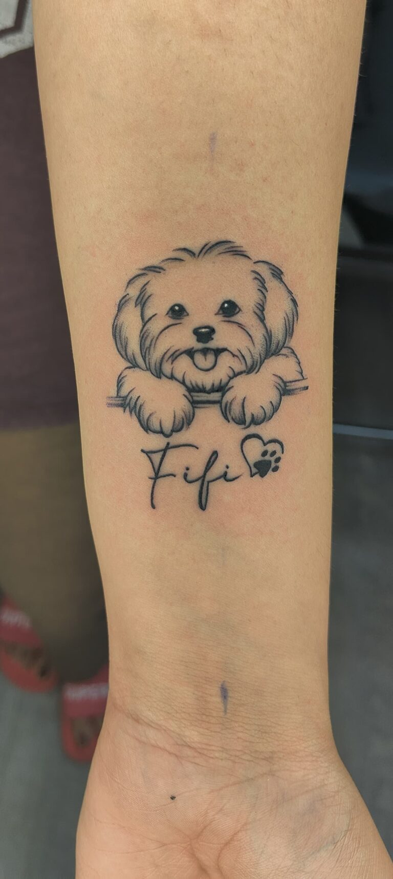 Black and grey dog portrait tattoo on forearm, Vulture Tattoos Gurgaon