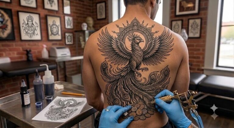 Phoenix tattoo rising from flames in black and grey on back, Vulture Tattoos Gurgaon
