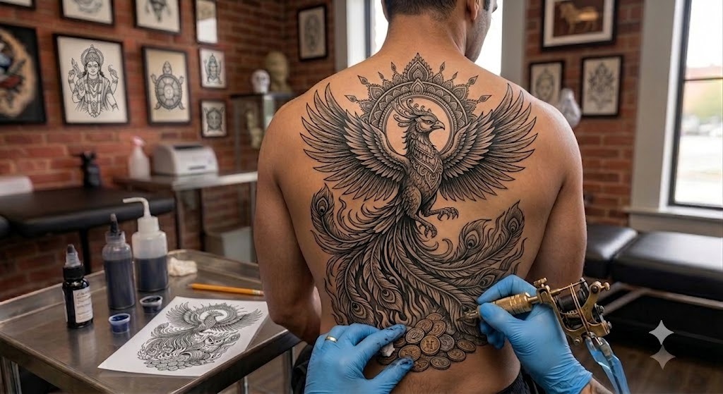 Phoenix tattoo rising from flames in black and grey on back, Vulture Tattoos Gurgaon