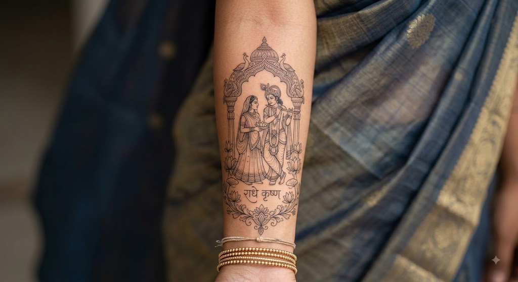 Radha Krishna tattoo in black and grey on forearm, Vulture Tattoos Gurgaon