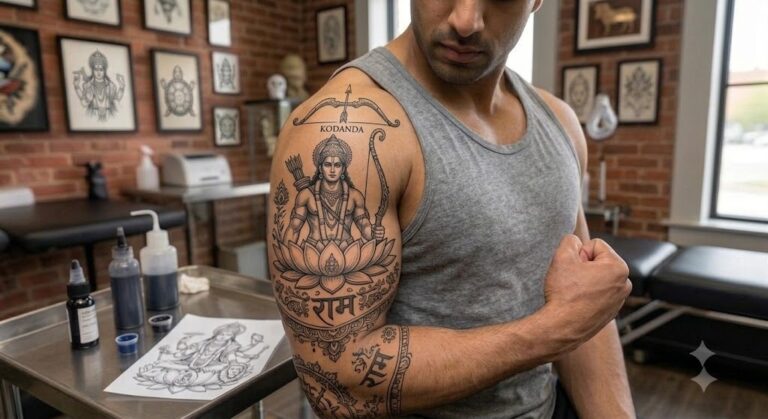 Ram tattoo with bow and arrow in black and grey on forearm, Vulture Tattoos Gurgaon