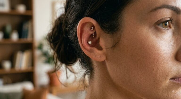 Rook piercing with a curved barbell, Vulture Tattoos Gurgaon