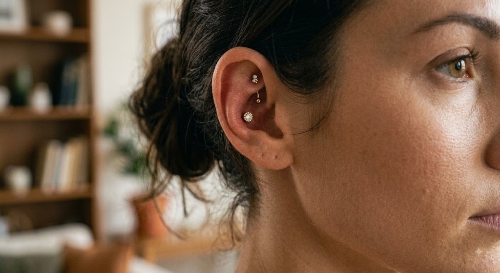 Rook piercing with a curved barbell, Vulture Tattoos Gurgaon