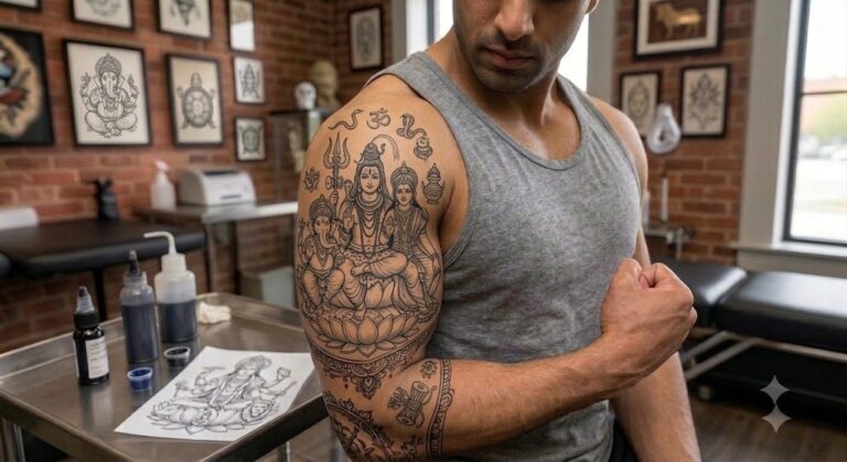 Shiv Parivar family tattoo in black and grey on back, Vulture Tattoos Gurgaon