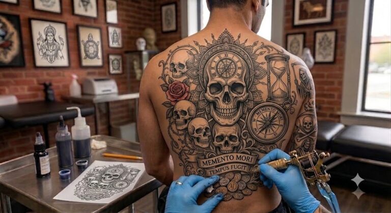 Floral skull tattoo in black and grey on forearm, Vulture Tattoos Gurgaon