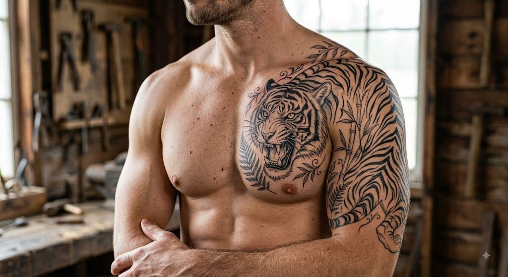 Black and grey realistic tiger tattoo on forearm, Vulture Tattoos Gurgaon