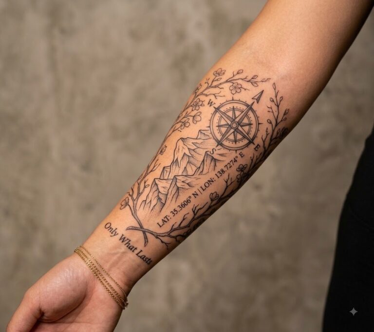 Mountain and compass travel tattoo on forearm, Vulture Tattoos Gurgaon