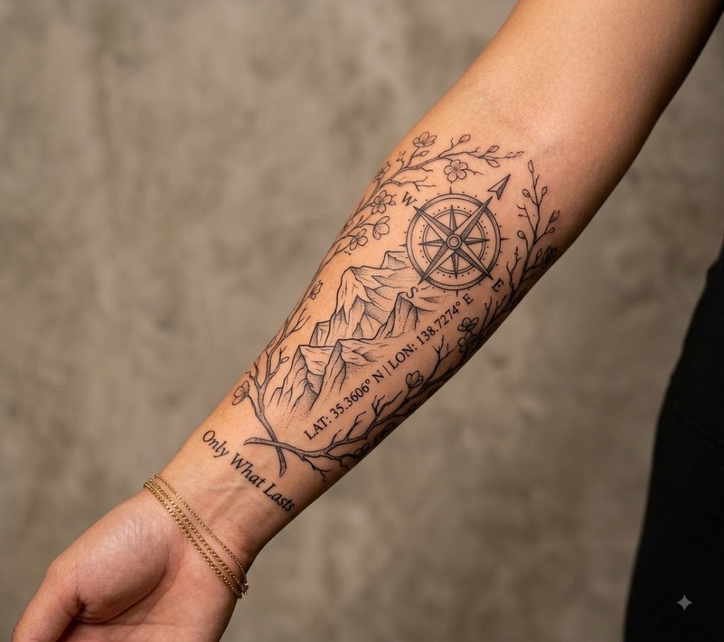 Mountain and compass travel tattoo on forearm, Vulture Tattoos Gurgaon